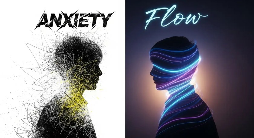 A split image contrasting traditional assessment anxiety, shown as a tangled, chaotic silhouette, with the 'Flow' state of soul-centered assessment, shown as a smooth, glowing silhouette.
