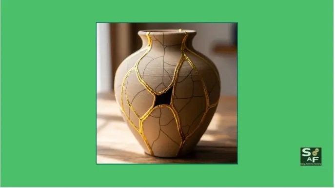 A beautiful Kintsugi vase with visible gold repairs, symbolizing healing and finding beauty in brokenness. This image introduces the theme of emotional healing and resilience for the "Bandaids" lesson.