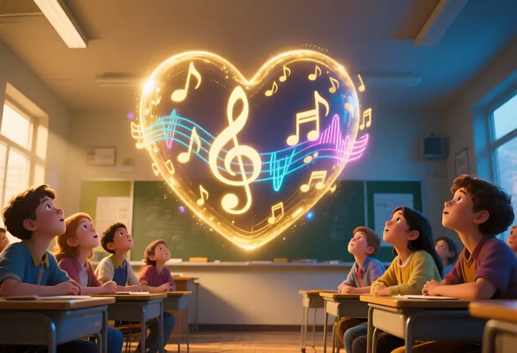 Students in a classroom inspired by the glowing energy of music-based learning