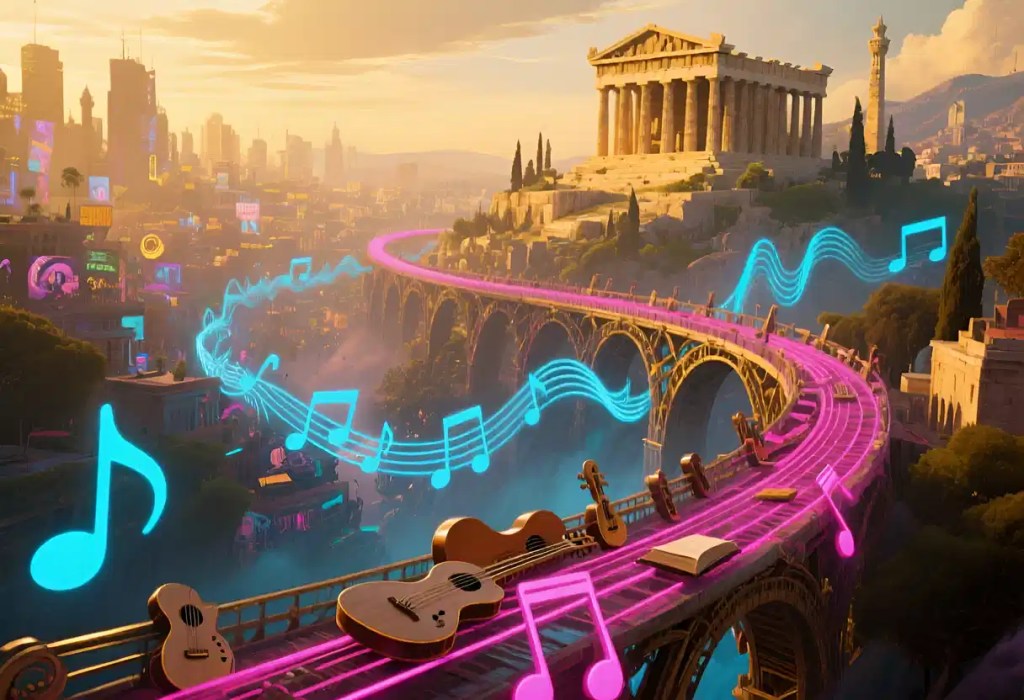 A bridge made of musical notes connecting a modern city to an ancient temple of knowledge.