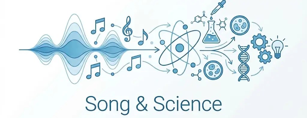 Illustration of sound waves and musical notes transforming into scientific symbols like DNA and atoms, representing Pop CLIL.