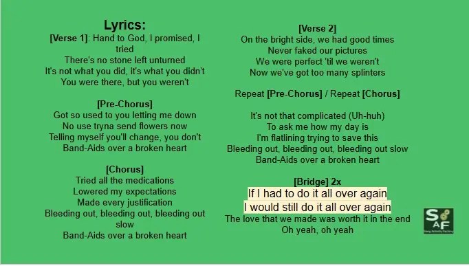 A slide displaying lyrics from Katy Perry's "Bandaids" song, with the lines "If I had to do it all over again, I would still do it all over again" highlighted to emphasize the Second Conditional grammar structure.