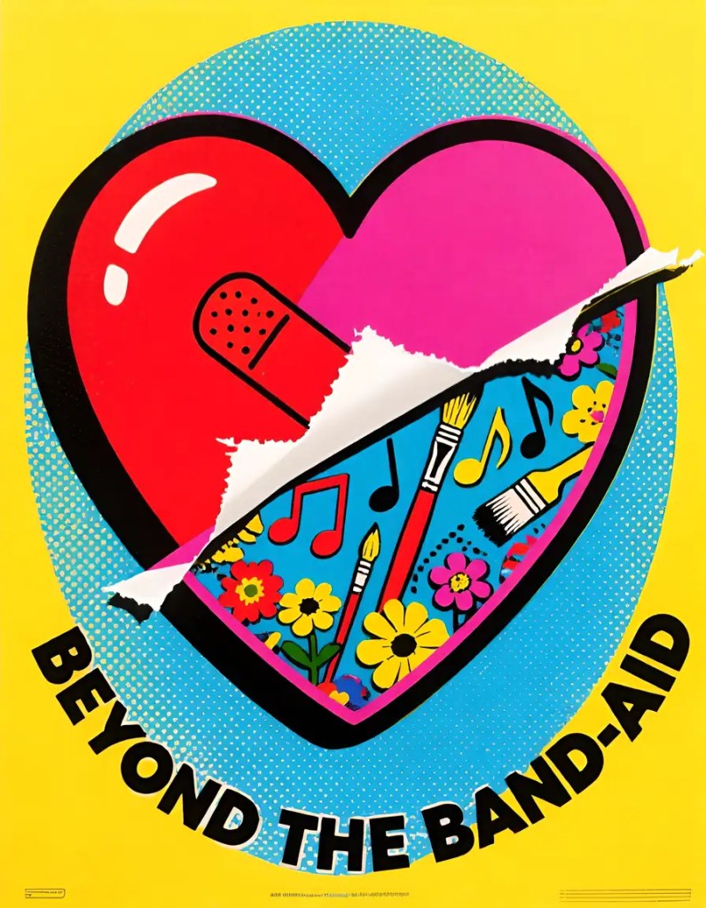 A pop-art heart with a band-aid, peeling to reveal a creative, soulful world of music and art, illustrating the concept of moving 'Beyond the Band-Aid' of simple gap-fills to deep, assessable learning.