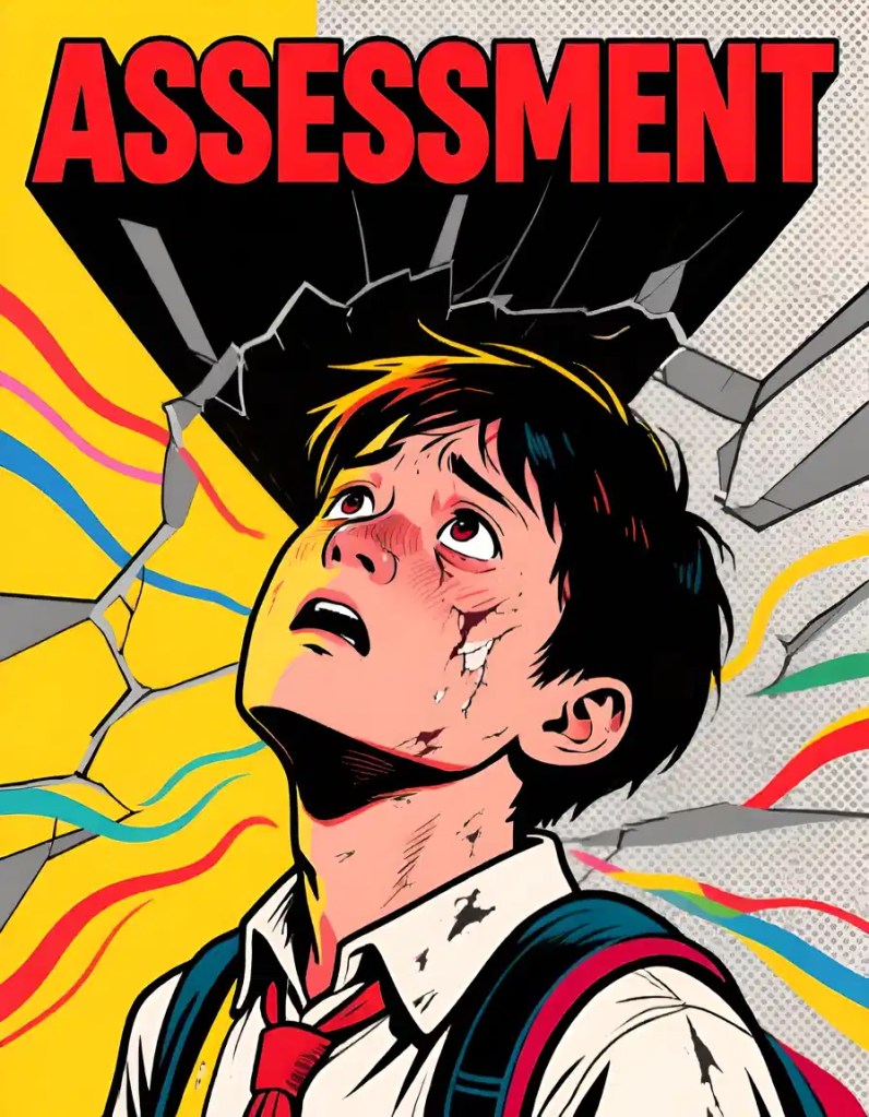 A comic book illustration of a student looking up in fear as the word 'ASSESSMENT' crashes through the ceiling, symbolizing the stress and anxiety of traditional summative tests.