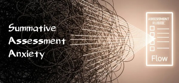 A conceptual image showing 'Summative Assessment Anxiety' as a chaotic tangle of lines, which are then channeled and organized by a glowing 'Assessment Rubric' checklist, leading to the word 'Flow'
