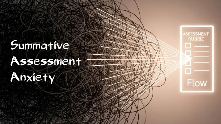 A conceptual image showing 'Summative Assessment Anxiety' as a chaotic tangle of lines, which are then channeled and organized by a glowing 'Assessment Rubric' checklist, leading to the word 'Flow'