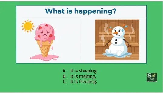 ESL warm-up slide for the Sia Snowman lesson, showing a cartoon ice cream cone melting under the sun and a snowman sweating in a sauna, used to elicit the present continuous verb "melting."