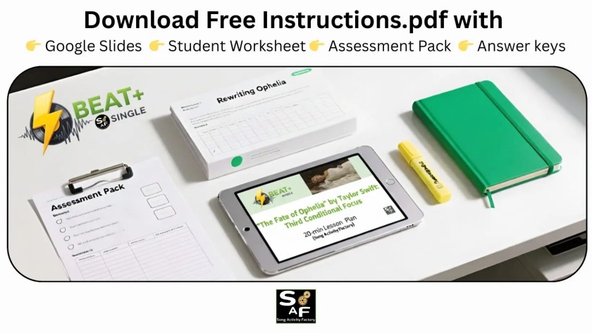 Free download pack for 'The Fate of Ophelia' ESL lesson. Includes digital Google Slides on an iPad, a printable Student Worksheet, and an Assessment Pack.