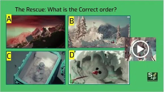 Four jumbled screenshots from Sia's "Snowman" music video used for an ESL story sequencing task, showing different stages of the snowmen's rescue mission.