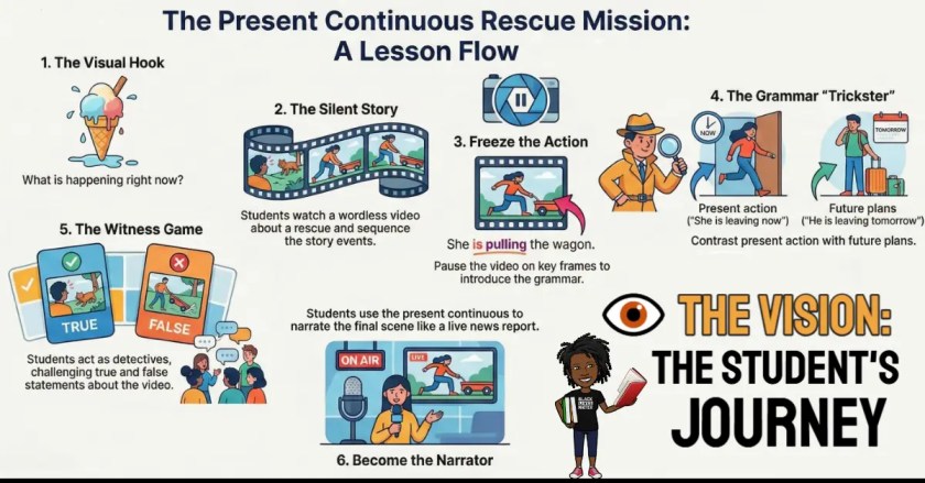 Infographic mapping the 6-step student journey for the Snowman Present Continuous lesson, from visual hook to live narration.