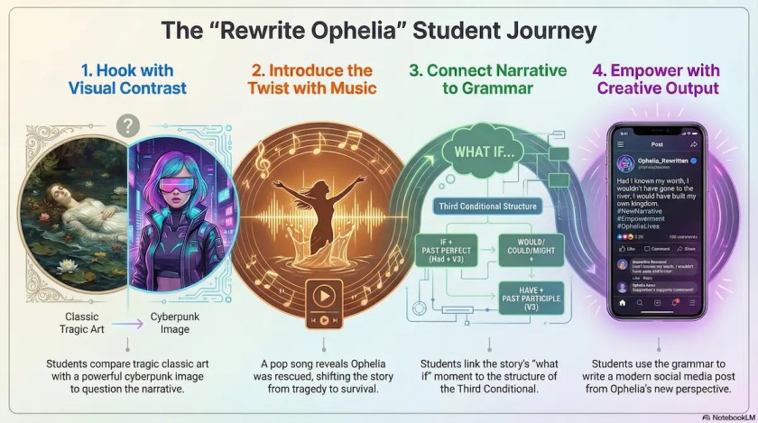 Infographic mapping the "Rewrite Ophelia" student journey: visual contrast, music twist, Third Conditional grammar, and creative social media output.