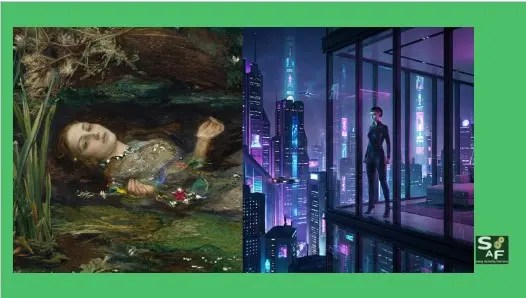 Split screen slide for ESL lesson: Left side shows Millais' tragic Ophelia painting; Right side shows a cyberpunk woman in a high-tech tower. Text asks 'Who holds the pen?' to spark debate on agency.