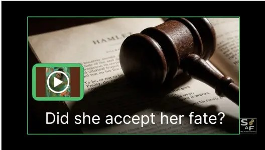 ESL listening activity slide featuring a gavel and the question 'Did she accept her fate?' to guide students during the song 'The Fate of Ophelia' by Taylor Swift.