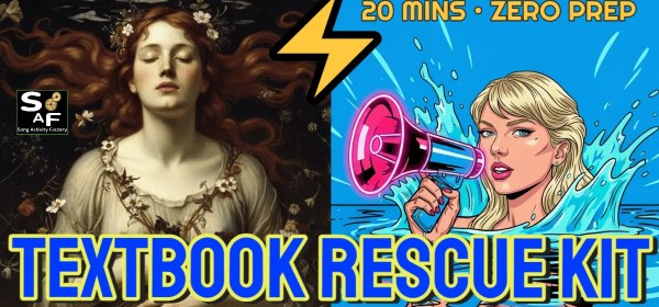 Featured image for the Textbook Rescue Kit manifesto. Split screen showing a classic painting of Ophelia vs. a pop-art Taylor Swift with a megaphone. Text reads 'Textbook Rescue Kit: 20 Mins Zero Prep' with a yellow lightning bolt icon