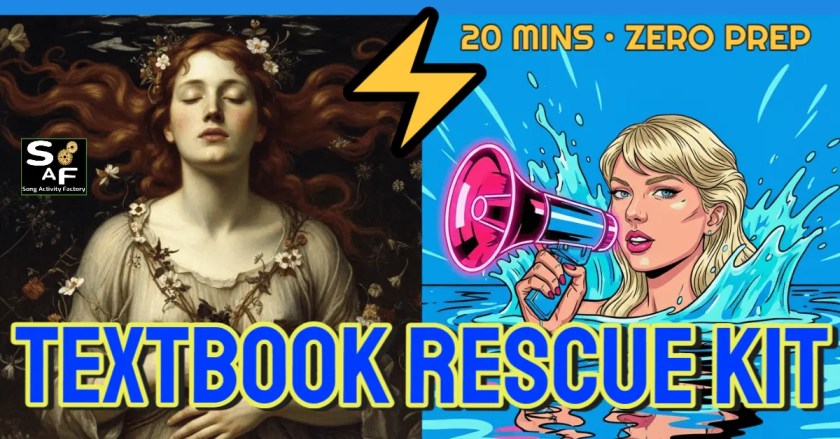 Featured image for the Textbook Rescue Kit manifesto. Split screen showing a classic painting of Ophelia vs. a pop-art Taylor Swift with a megaphone. Text reads 'Textbook Rescue Kit: 20 Mins Zero Prep' with a yellow lightning bolt icon