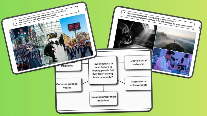C1 speaking mock exam visual prompts showing urban life, time pressure, and crowded city environments