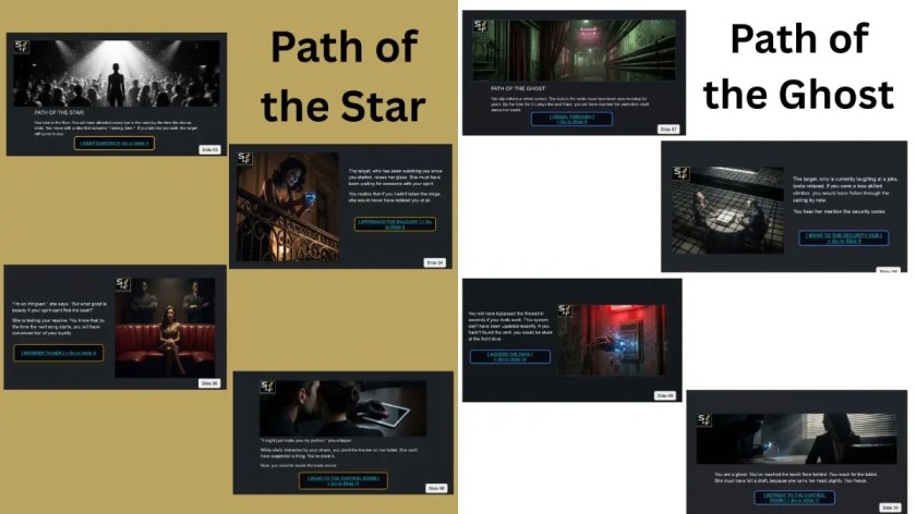 Grid of interactive slides showing the branching storylines for the "Star" and "Ghost" espionage paths.