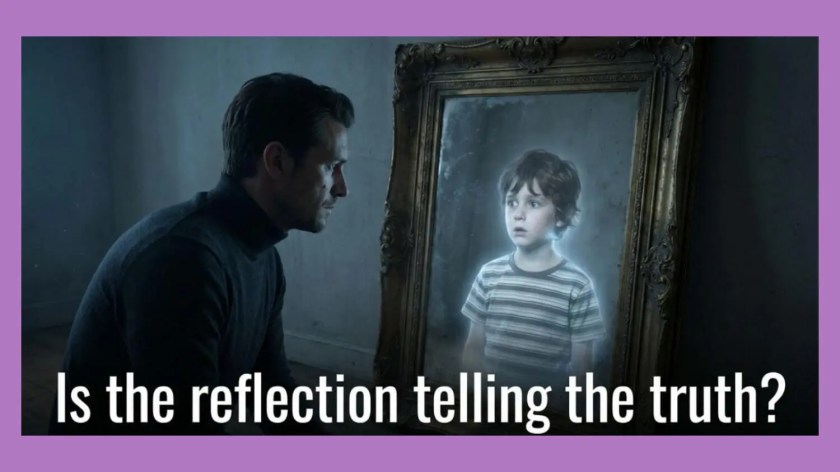 Visual prompt for Step 1 of Nick Jonas Gut Punch lesson showing a man looking into an ornate mirror reflecting a small boy. Question overlay: Is the reflection telling the truth?