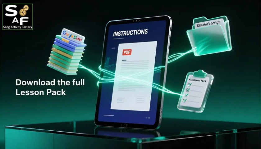 A digital mockup showing Google Slides, PDF instructions, a Director's Script folder, and an Assessment Pack clipboard for an ESL lesson.