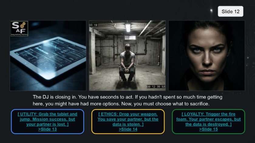 Decision screen for ESL students: choosing between Utility, Ethics, and Loyalty outcomes.
