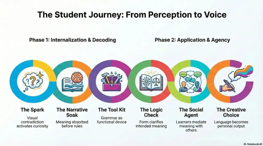 An infographic detailing the Song Activity Factory Student Journey from perception to voice, illustrating phases of internalization (The Spark, Narrative Soak, Tool Kit) and application (Logic Check, Social Agent, Creative Choice).