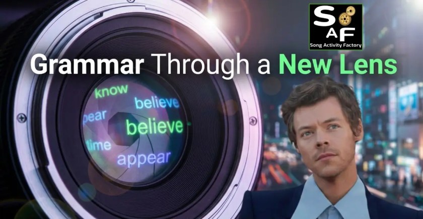 Cinematic close-up of a camera aperture reflecting floating verbs like “know,” “believe,” and “appear” in neon light. Illustrates the lens through which teachers can view grammar as perception rather than rules.