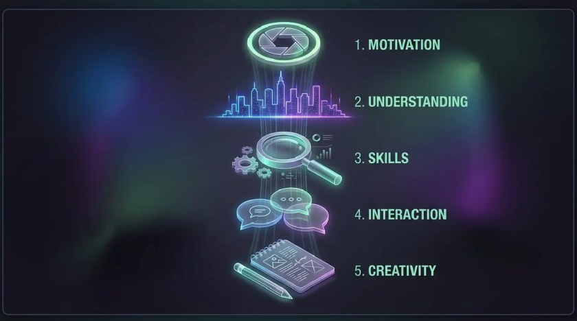 Cinematic layered vertical diagram showing Motivation, Understanding, Skills, Interaction, Creativity. Each layer symbolized: aperture, neon skyline, magnifying glass, speech bubbles, writing pencil. Illustrates structured engagement in lessons.