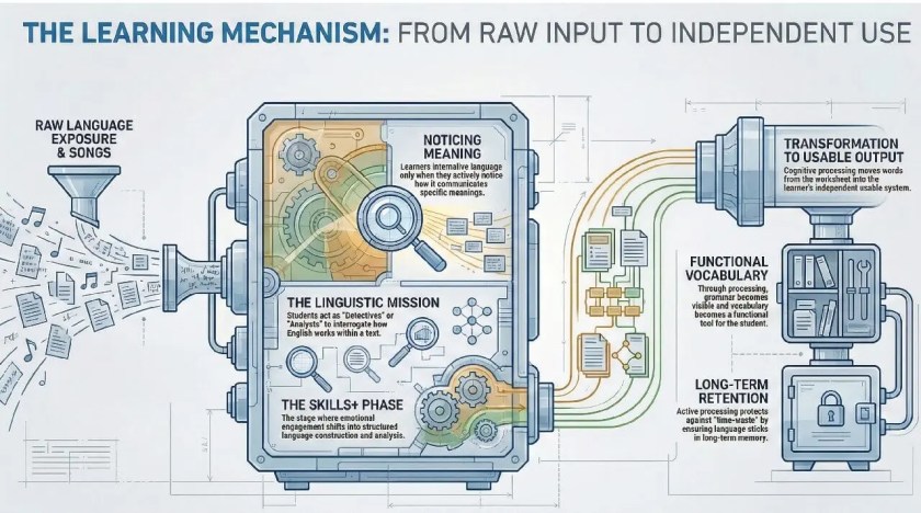 Diagram of the language learning mechanism in song-based ESL lessons showing how noticing meaning turns input into usable language output