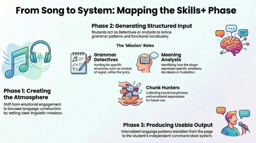 Flowchart showing the Skills+ lesson phase where students move from song engagement to language analysis and structured language production