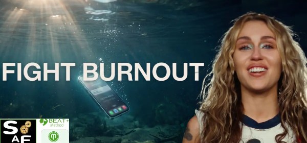 A glowing smartphone sinking into tranquil water with the text FIGHT BURNOUT, representing relief from digital exhaustion, Miley cyrus, logos