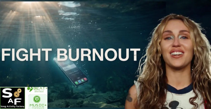 A glowing smartphone sinking into tranquil water with the text FIGHT BURNOUT, representing relief from digital exhaustion, Miley cyrus, logos