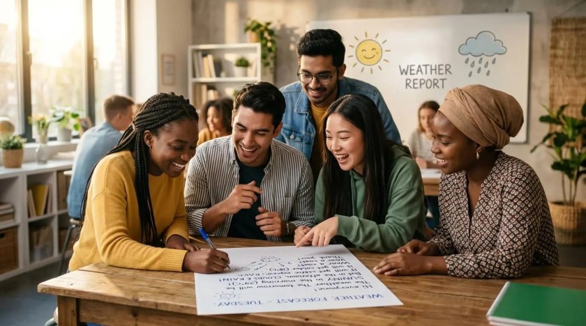 A diverse group of smiling ESL students working together at a table to draft a metaphorical weather report on a large piece of paper.