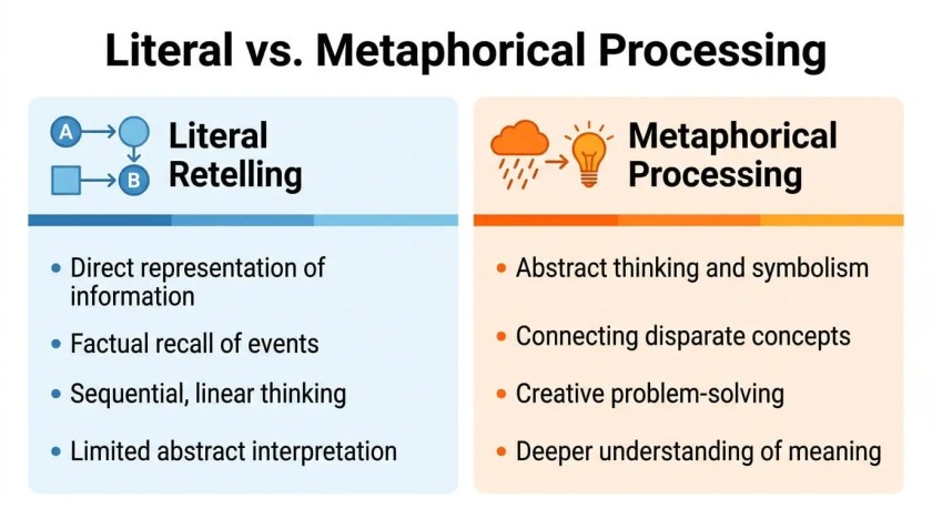 An educational infographic contrasting the limited cognitive load of literal retelling with the advanced creative problem-solving required for metaphorical processing in language learning.