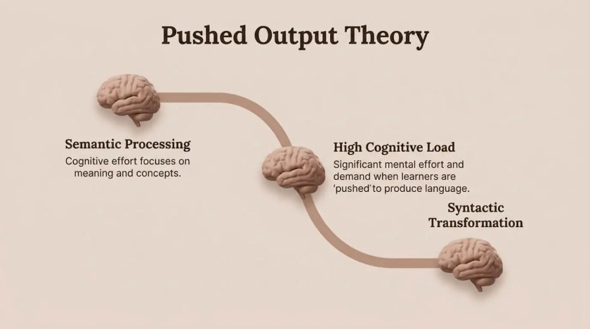 A 3D diagram illustrating Merrill Swain's Pushed Output theory, showing the transition from basic semantic processing through high cognitive load to complex syntactic transformation.