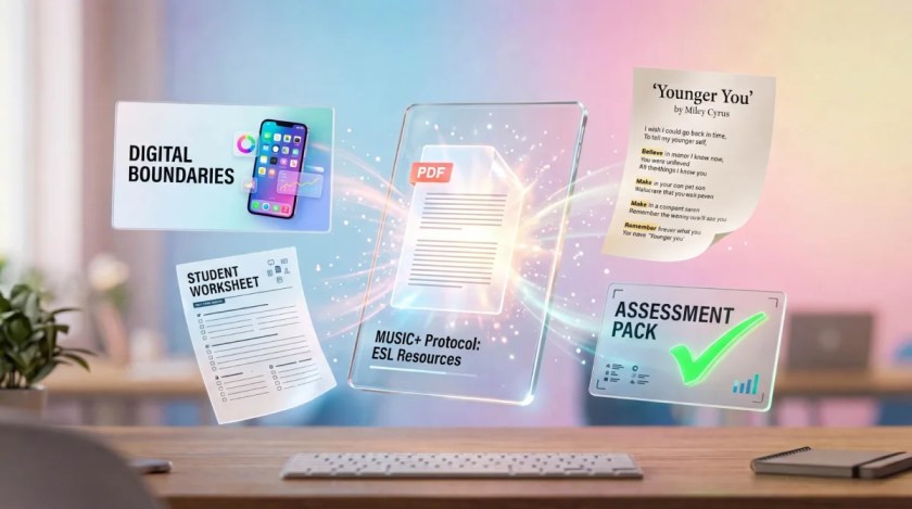 3D glassmorphism mockup of a digital tablet displaying floating educational materials, MUSIC+ framework