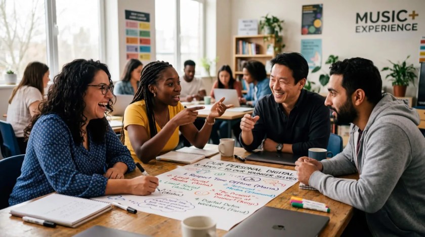 Diverse adult learners collaborating on a survival guide in a modern classroom, MUSIC+ framework