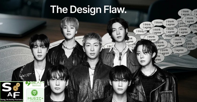 A conceptual macro shot of a B2 ESL textbook where open ended discussion questions dissolve into a repetitive loop with BTS