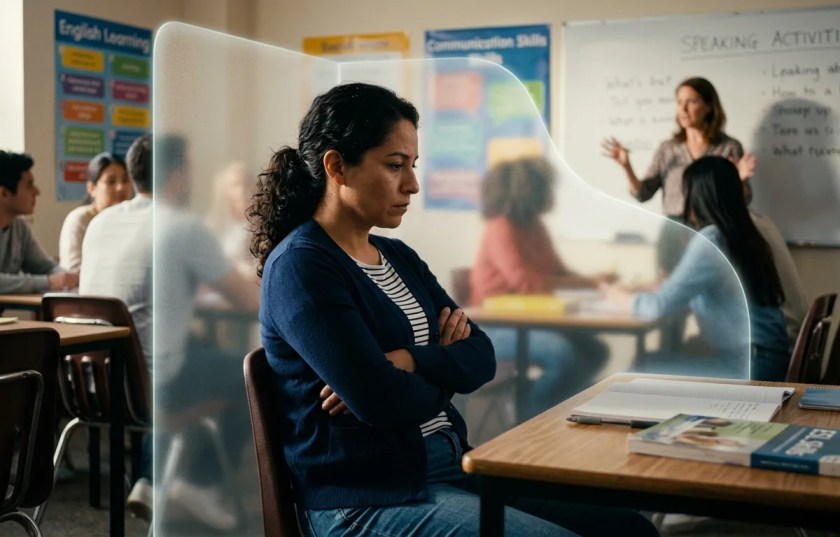 An advanced ESL learner sitting with arms tightly crossed behind a frosted glass barrier, illustrating how students actively protect themselves from the manufactured emotional vulnerability demanded by superficial classroom materials.