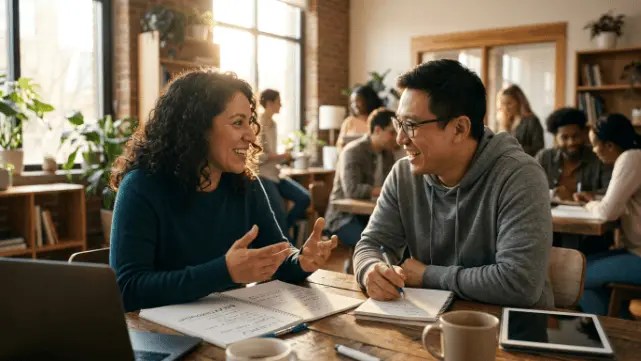 Two adult ESL learners engaged in a lively, focused conversation in a modern, sunlit collaborative workspace.