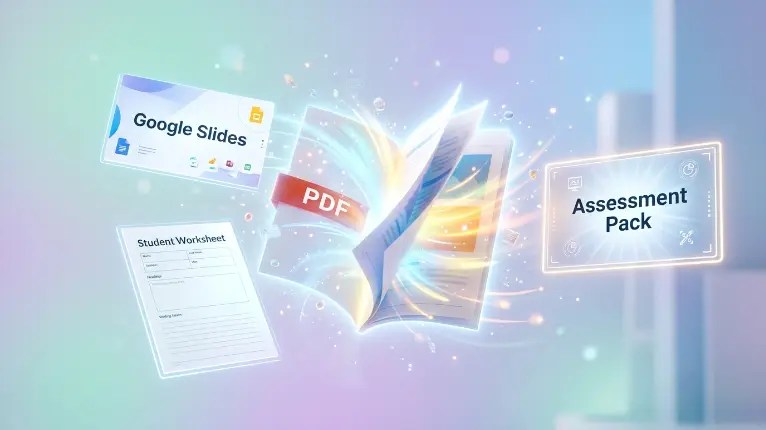A glowing PDF bursts open, releasing floating educational materials—Google Slides, a student worksheet, and an assessment pack—lit by soft volumetric lighting on a pastel gradient.