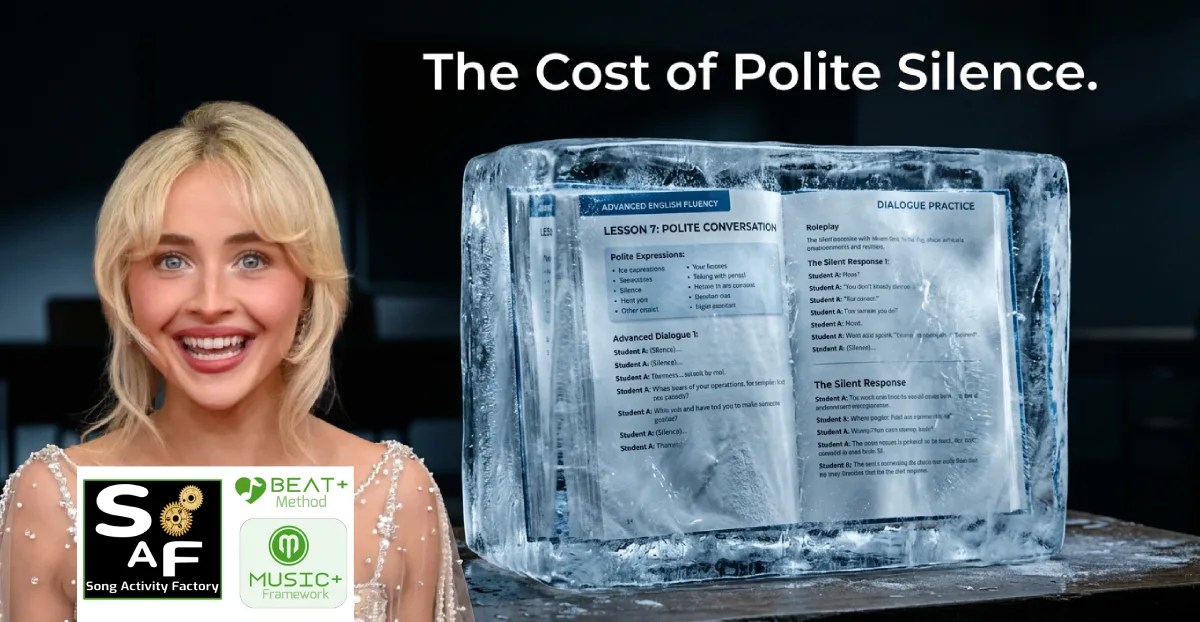 A frozen ESL textbook on a modern desk, representing the instructional design failure of artificial language tasks that force advanced C1 students into polite silence during present continuous lessons. adn Sabrina carpenter cure