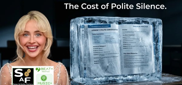 A frozen ESL textbook on a modern desk, representing the instructional design failure of artificial language tasks that force advanced C1 students into polite silence during present continuous lessons. adn Sabrina carpenter cure