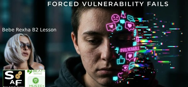 A macro portrait of a face partially covered by a glowing, fragmenting digital mask of emojis, symbolizing the failure of forced vulnerability in ESL tasks with bebe rexha and logos