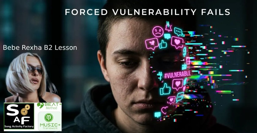 A macro portrait of a face partially covered by a glowing, fragmenting digital mask of emojis, symbolizing the failure of forced vulnerability in ESL tasks with bebe rexha and logos