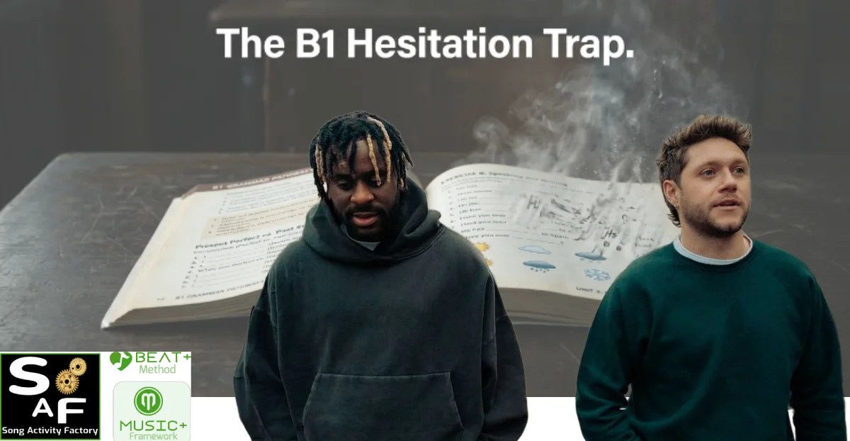 A conceptual macro shot of a textbook with weather icons dissolving into mist symbolizing abstract language hesitation with niall horan and myles smith