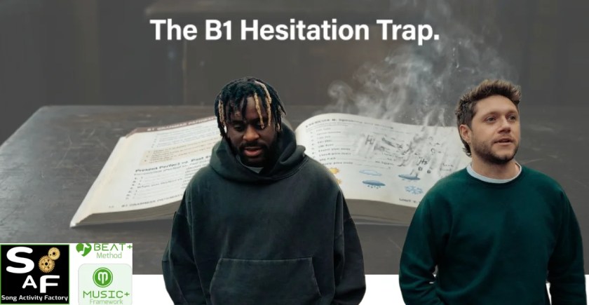 A conceptual macro shot of a textbook with weather icons dissolving into mist symbolizing abstract language hesitation with niall horan and myles smith