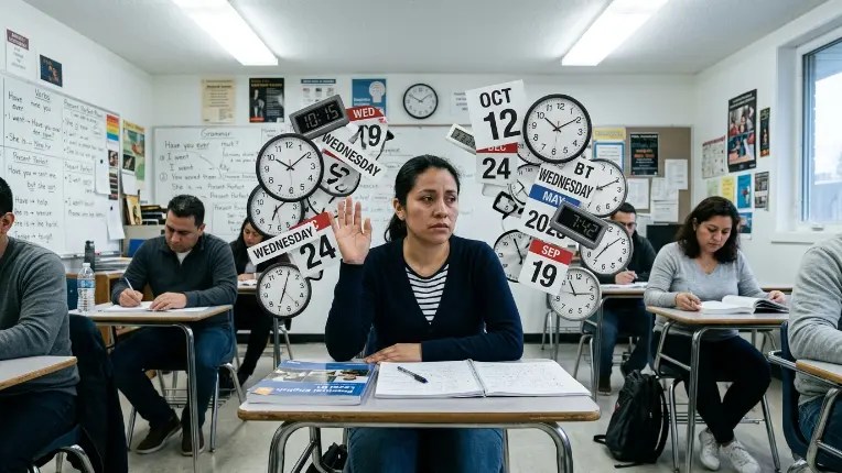 An adult ESL learner looking confused while surrounded by a chaotic web of floating clock faces