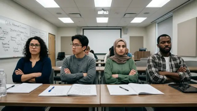 Advanced adult ESL learners sitting at a classroom desk with crossed arms and blank expressions, showing resistance to meaningless academic discussions