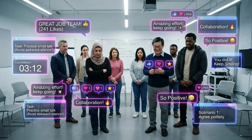 Diverse adult learners standing in a sterile space, looking uncomfortable while suffocated by floating, toxic positive social media UI overlays.