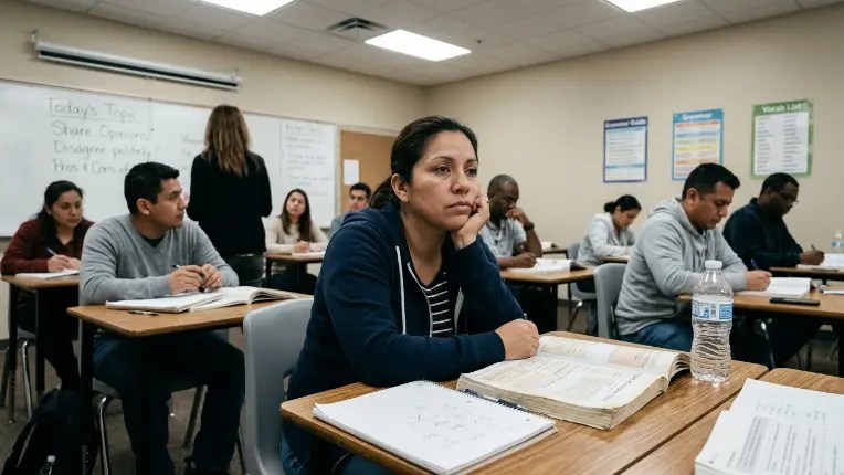 An adult B2 ESL learner staring blankly and experiencing planning fatigue during an unstructured open discussion